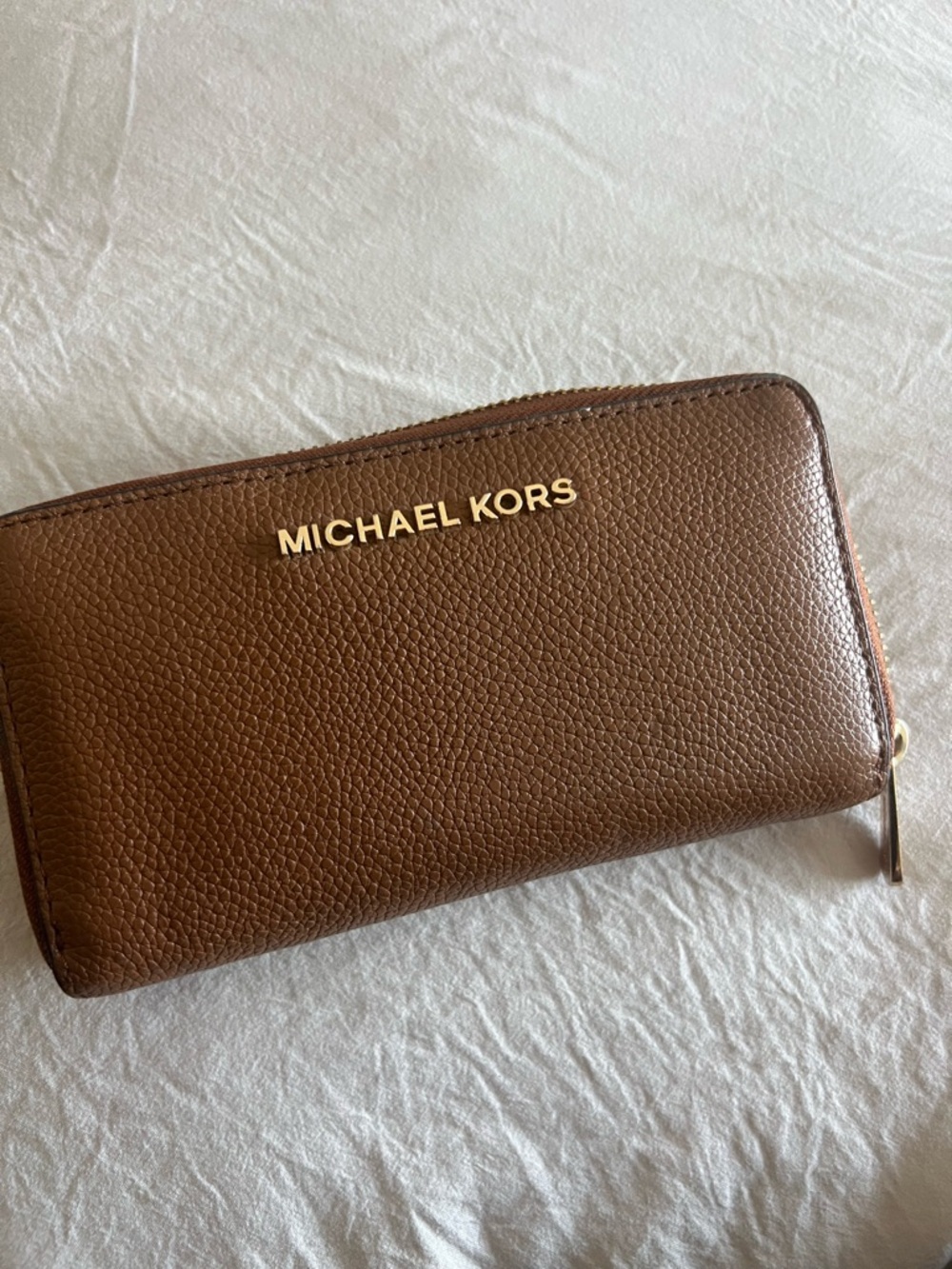 Michael Kors Pebbled Chestnut Zip Wallet with Gold Logo